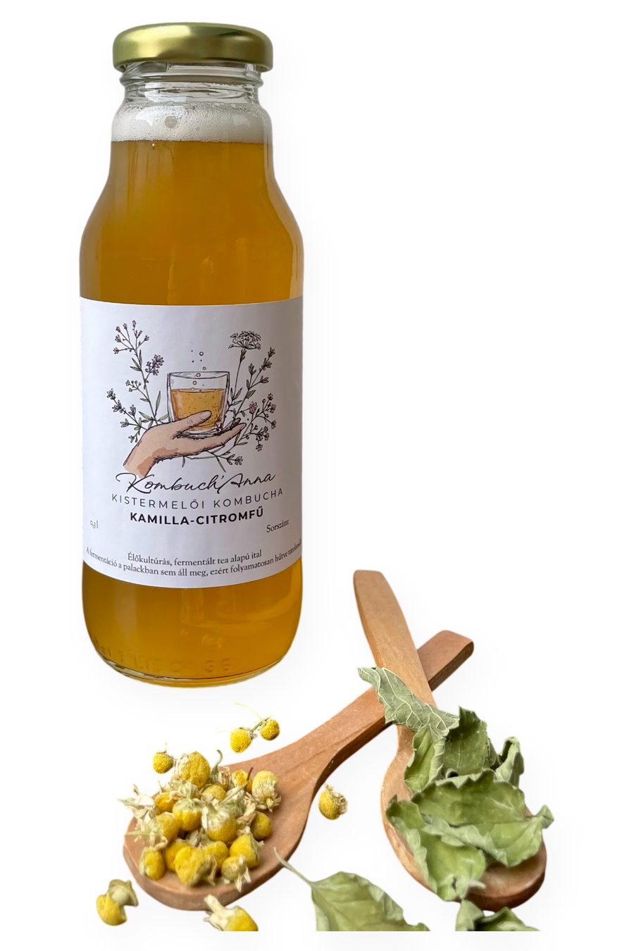 Kombuch’Anna Kamilla-citromfű kombucha üvegpalackban, mellette kamillavirág és citromfű fakanalakon